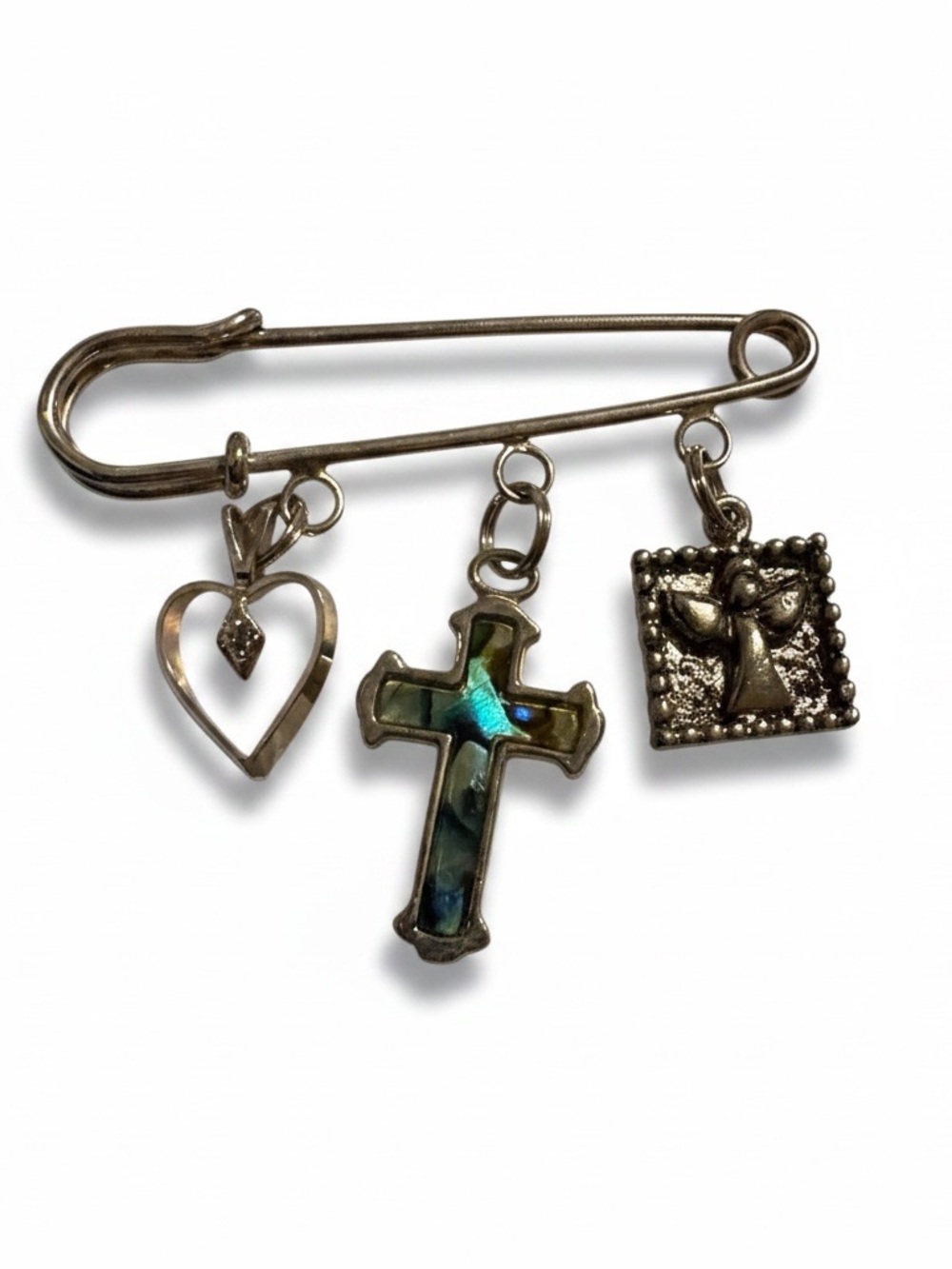 Vintage Safety Pin Brooch with Heart w/Diamond, Abalone Cross. Angel Charms